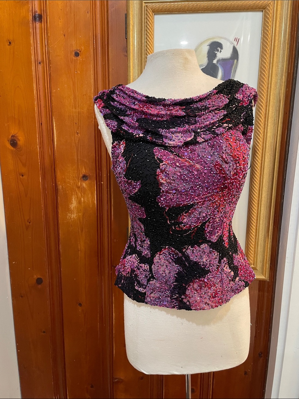 Beaded Floral Cowl Neck Blouse in Pink & Black